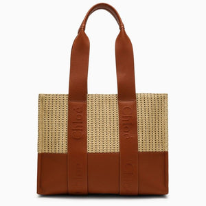 CHLOÉ Medium Caramel Raffia-Effect Woody Tote Bag with Leather Accents for Women