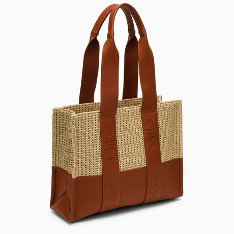 CHLOÉ Medium Caramel Raffia-Effect Woody Tote Bag with Leather Accents for Women