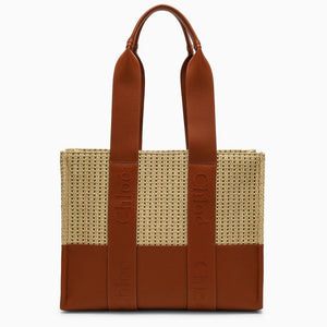 CHLOÉ Medium Caramel Raffia-Effect Woody Tote Bag with Leather Accents for Women