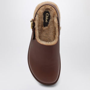 CHLOÉ Brown Leather and Shearling Sabot for Women