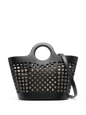 Jet Black Leather Cut-Out Tote Handbag for Women