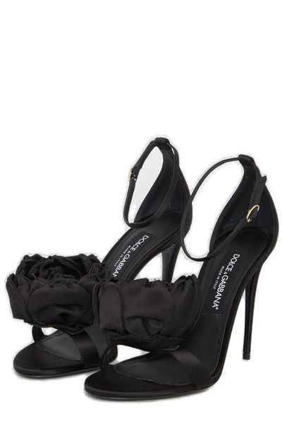 DOLCE & GABBANA Black Satin Sandals with Floral Applique and Adjustable Ankle Strap - FW23