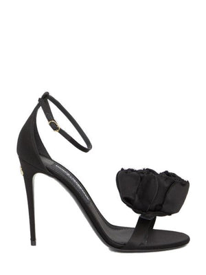 DOLCE & GABBANA Black Satin Sandals with Floral Applique and Adjustable Ankle Strap - FW23