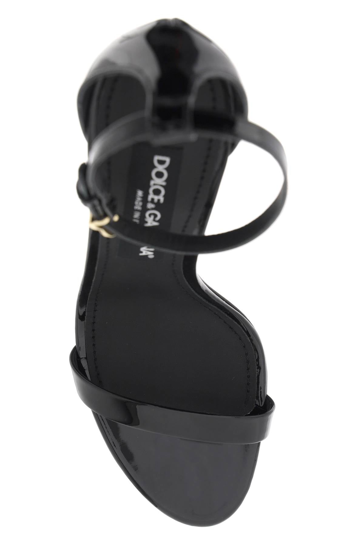 DOLCE & GABBANA Black Patent Leather Sandals with Adjustable Ankle Strap and Golden DG Logo