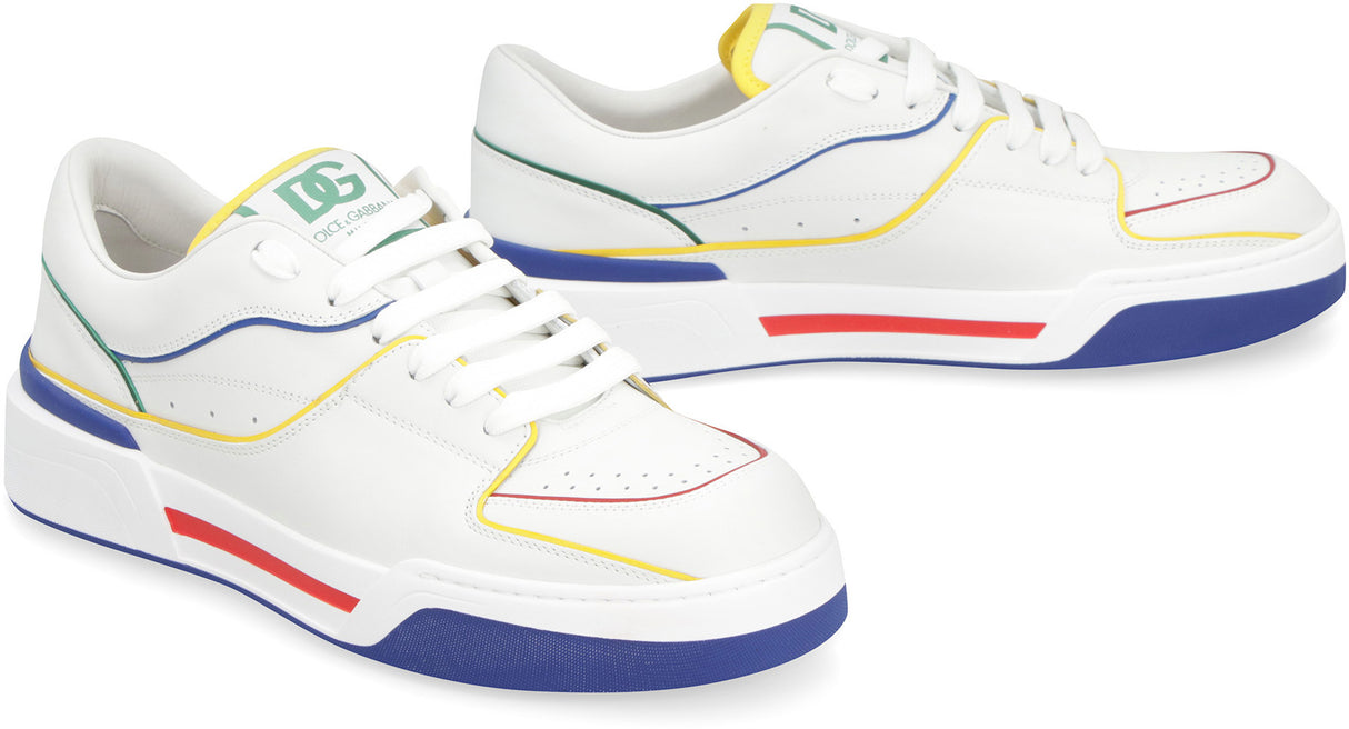 DOLCE & GABBANA Men's White Leather Sneakers with Contrast Color Inserts and Round Toeline