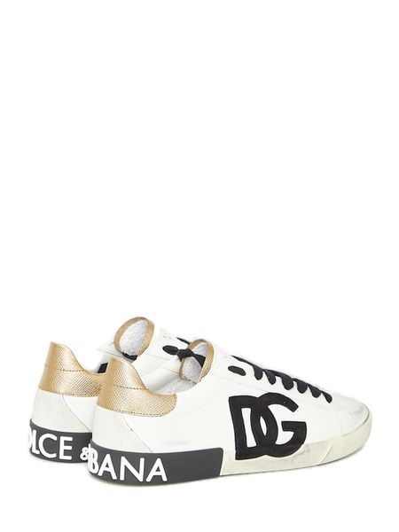 DOLCE & GABBANA Men's White Leather Sneakers with Metallic Heel Insert & Logo Patch