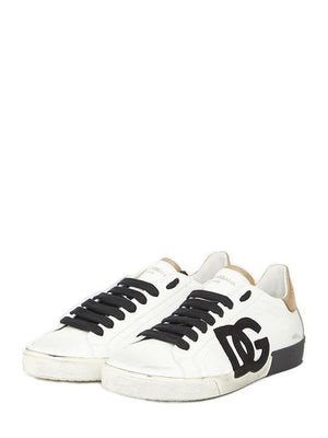 DOLCE & GABBANA Men's White Leather Sneakers with Metallic Heel Insert & Logo Patch