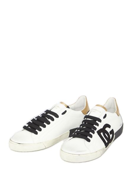 DOLCE & GABBANA Men's White Leather Sneakers with Metallic Heel Insert & Logo Patch