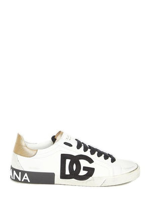 DOLCE & GABBANA Men's White Leather Sneakers with Metallic Heel Insert & Logo Patch