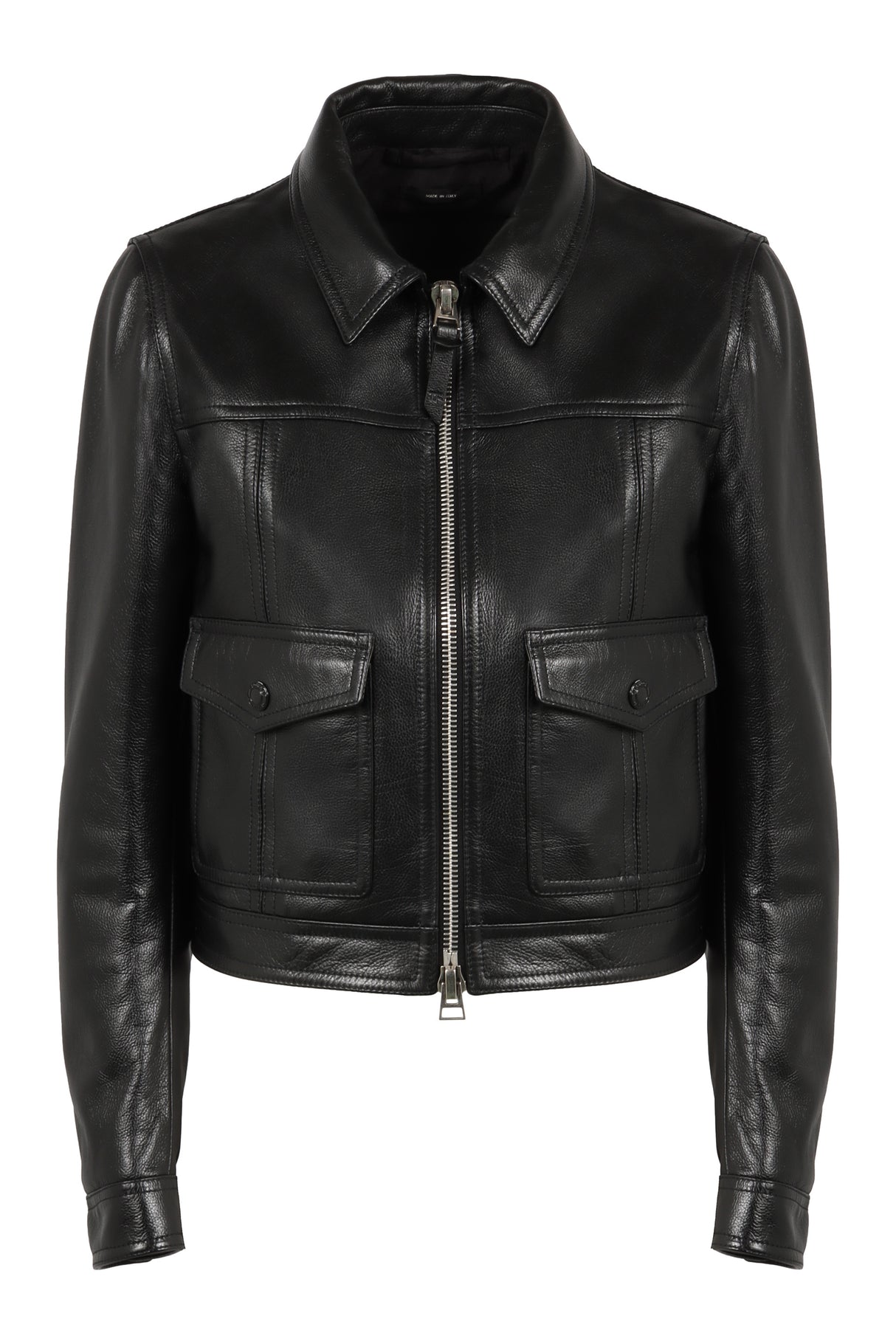 TOM FORD Black Leather Jacket with Shirt Style Collar and Cuffs for Women - SS24 Collection