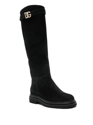 DOLCE & GABBANA Suede Knee-High Boots with Signature Embellishments