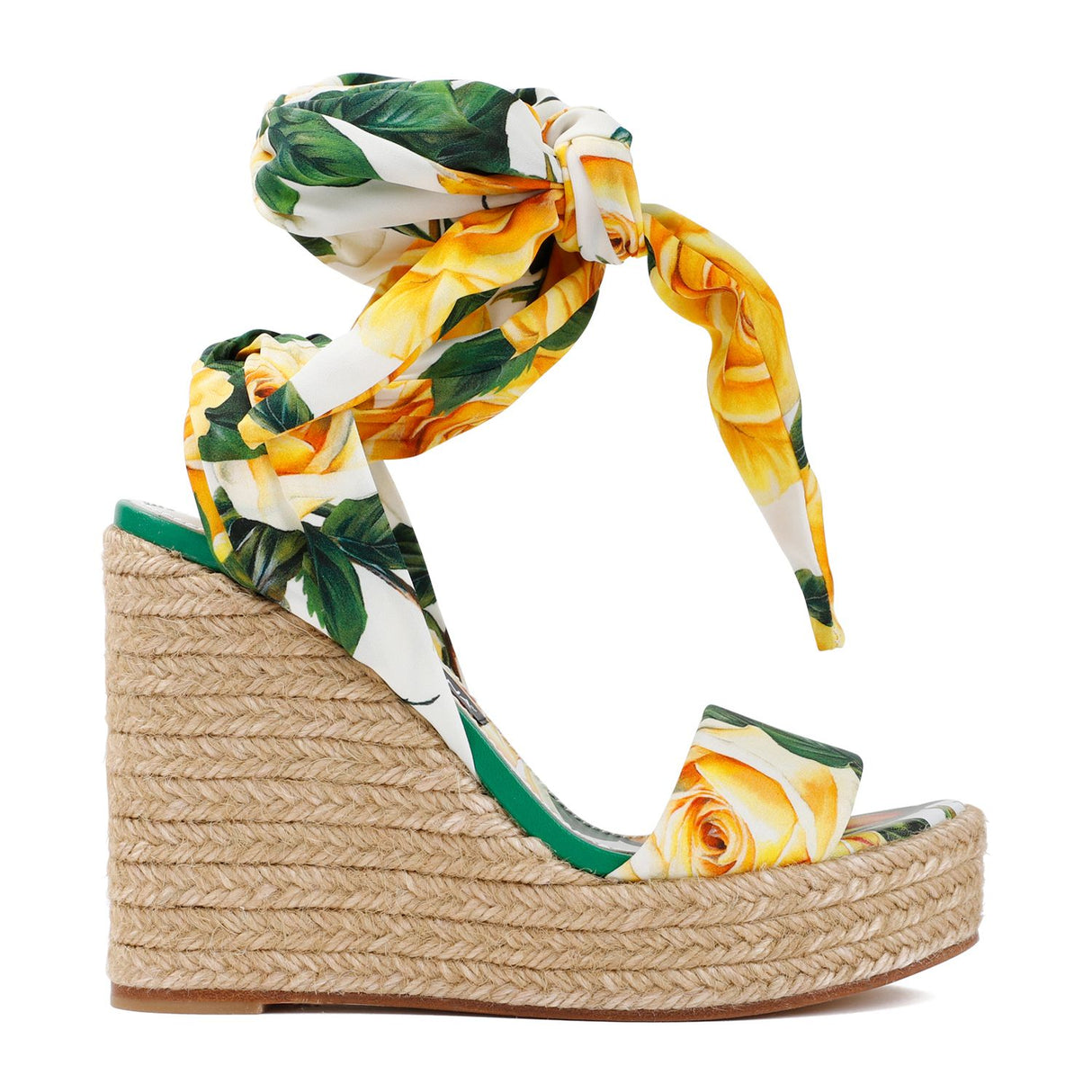 Floral Silk Wedge Sandals for Women - Yellow