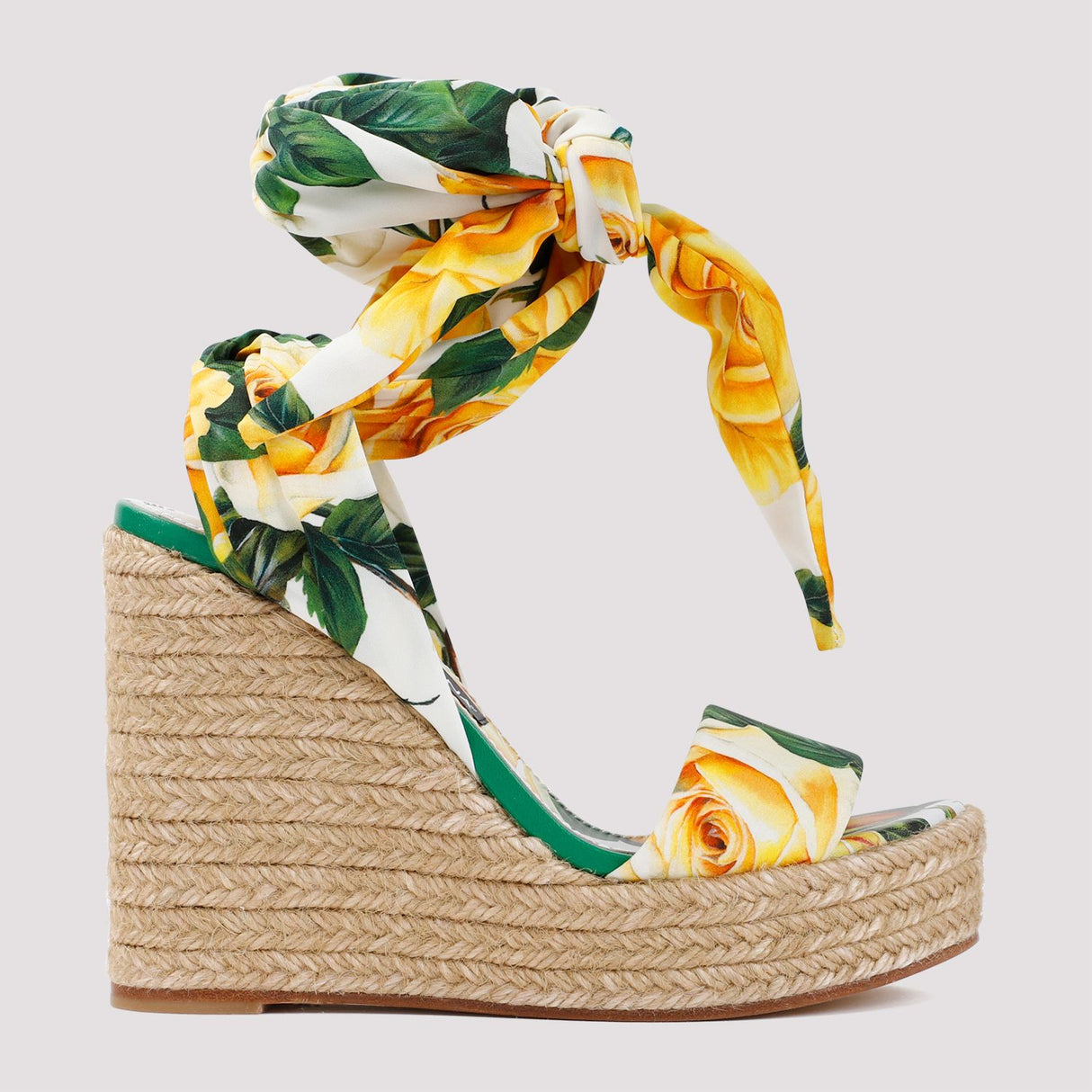 Floral Silk Wedge Sandals for Women - Yellow