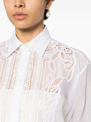 透け感のある白い刺繍コットンシャツ、フローラルカットアウトディテール付き