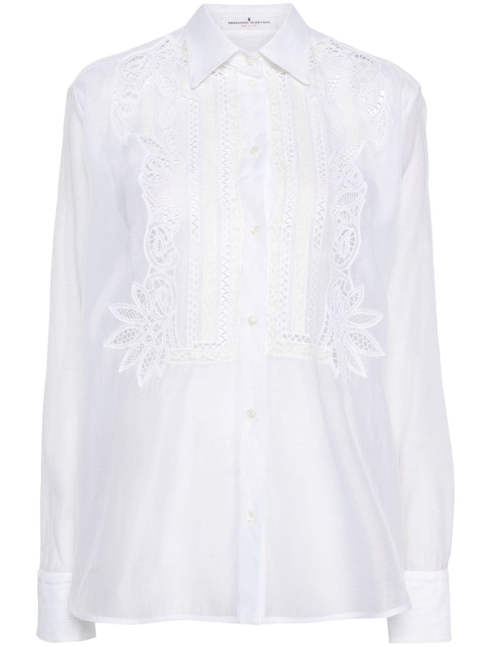 透け感のある白い刺繍コットンシャツ、フローラルカットアウトディテール付き