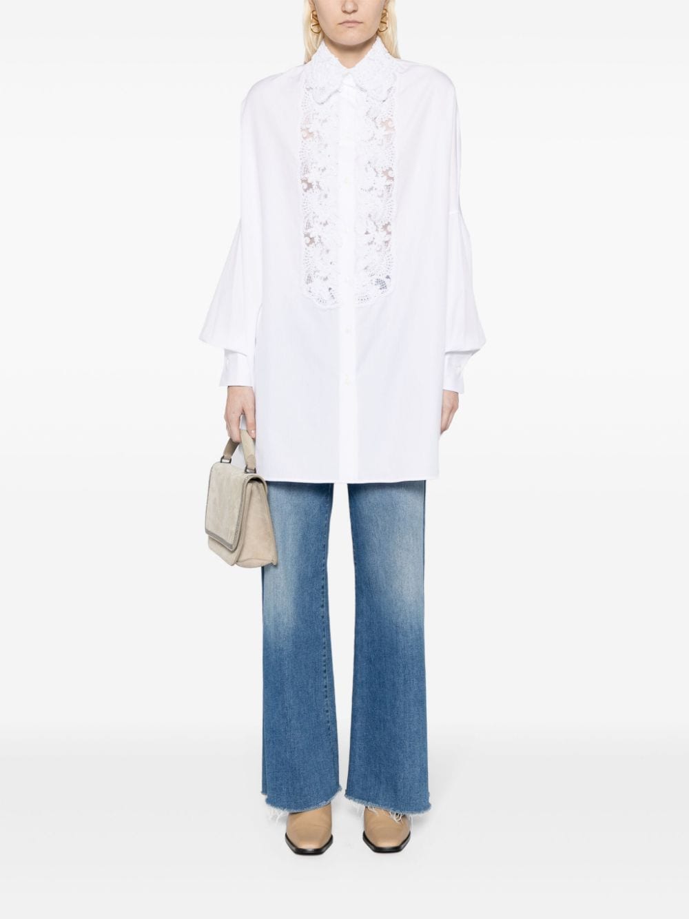 女性白色超大尺碼花邊棉質襯衫