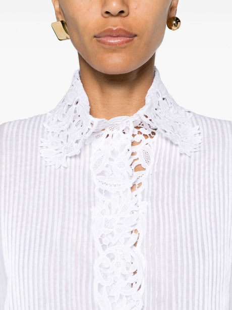 女性用エレガントな白のフローラル刺繍コットンシャツ