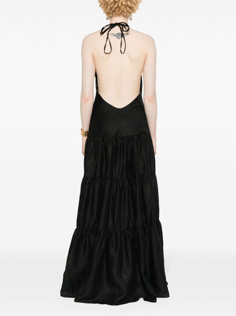 ERMANNO SCERVINO Women's Black Linen Halterneck Dress with Lace Paneling