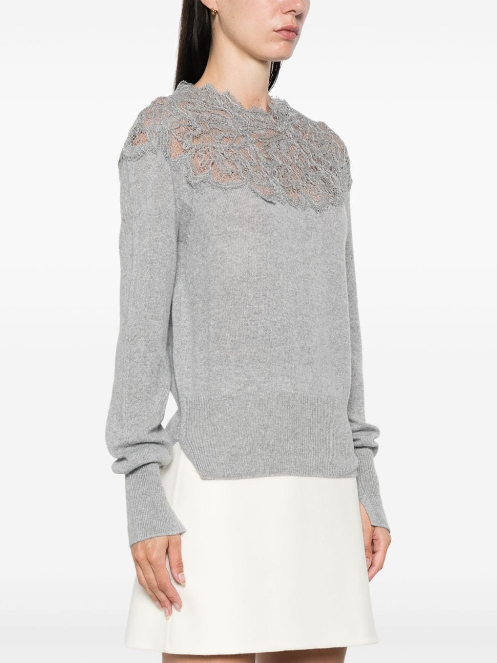 ERMANNO SCERVINO Embroidered Wool Sweater with Lace Detailing - Medium Grey