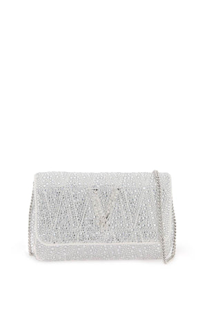 VERSACE Mini Virtus Crystal-Studded Silk Blend Clutch with Baroque Detail - Gray