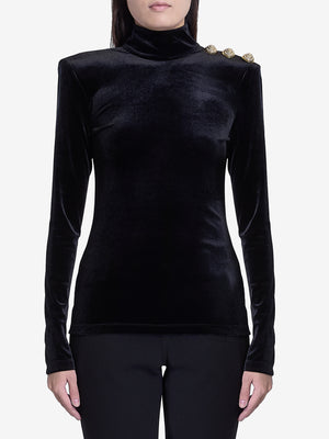 BALMAIN High-Neck Velvet Top with Structured Shoulders