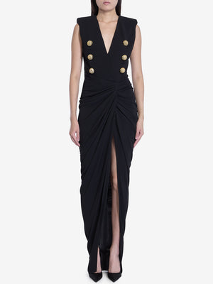 BALMAIN Structured Long Dress with V-Neckline and Elegant Draped Skirt