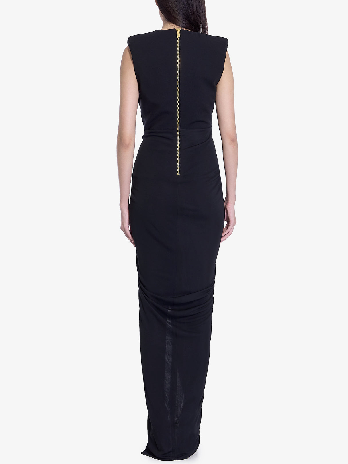 BALMAIN Structured Long Dress with V-Neckline and Elegant Draped Skirt