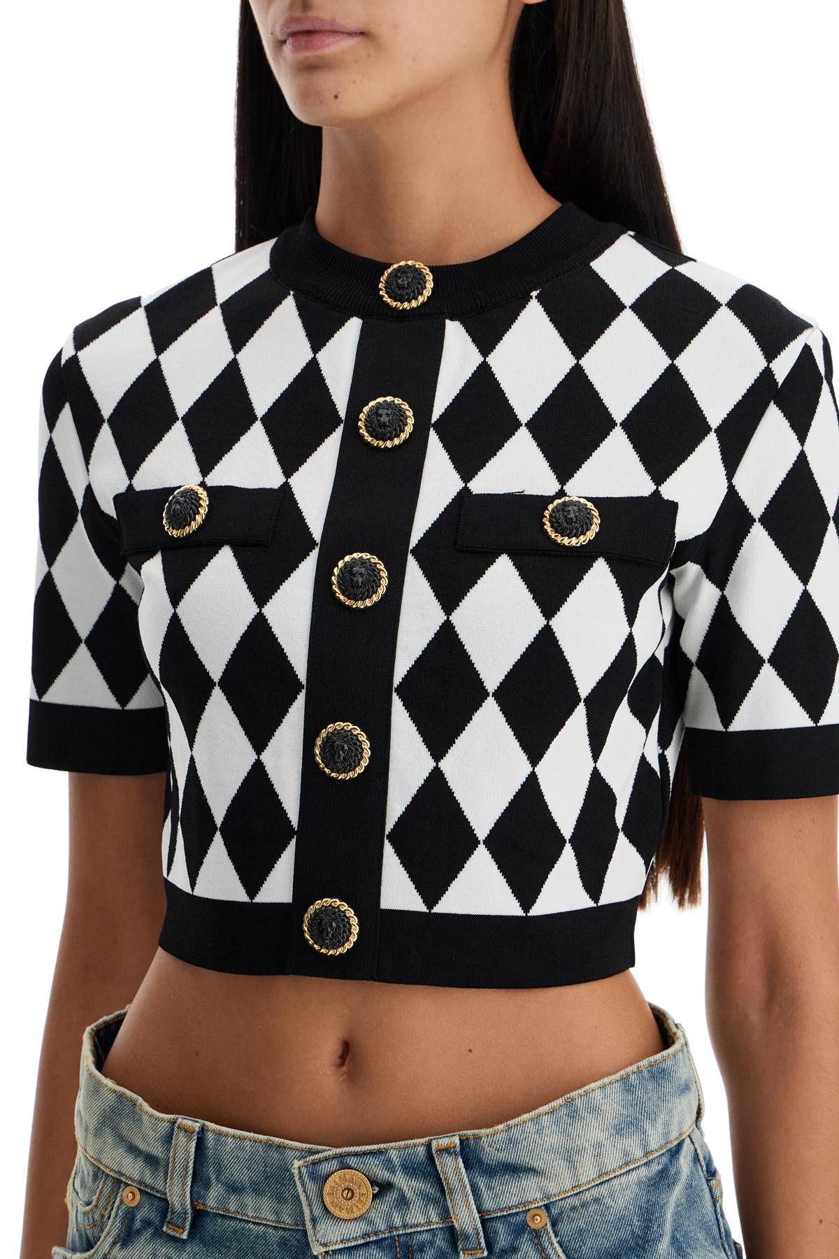 BALMAIN JACQUARD DIAMOND PATTERN KNIT CROP TOP