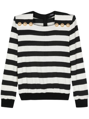 BALMAIN Elegant Striped Knit Top with Gold-Tone Button Accents