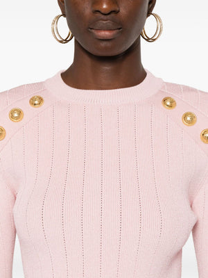 BALMAIN Chic Rose Pink Buttoned Knit Sweater