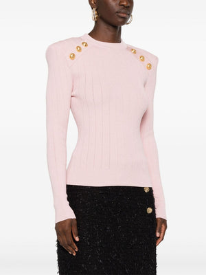 BALMAIN Chic Rose Pink Buttoned Knit Sweater