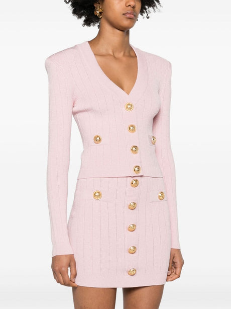 BALMAIN Elegant Pink Cropped Cardigan with Golden Buttons