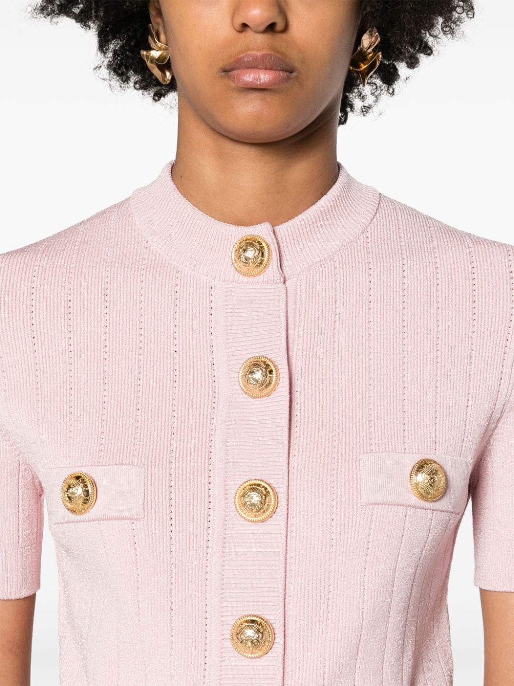 BALMAIN Chic Pink Cropped Cardigan with Golden Accents