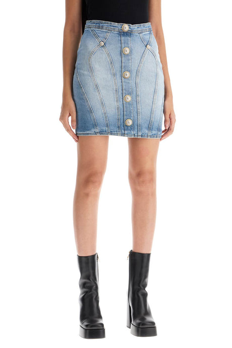 BALMAIN Chic Denim Mini Skirt with Embellished Lion Buttons