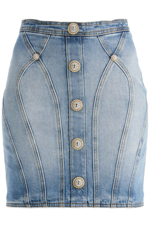 BALMAIN Chic Denim Mini Skirt with Embellished Lion Buttons