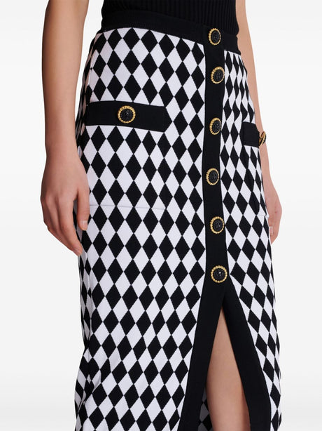 BALMAIN Chic Diamond-Pattern Buttoned Midi Skirt