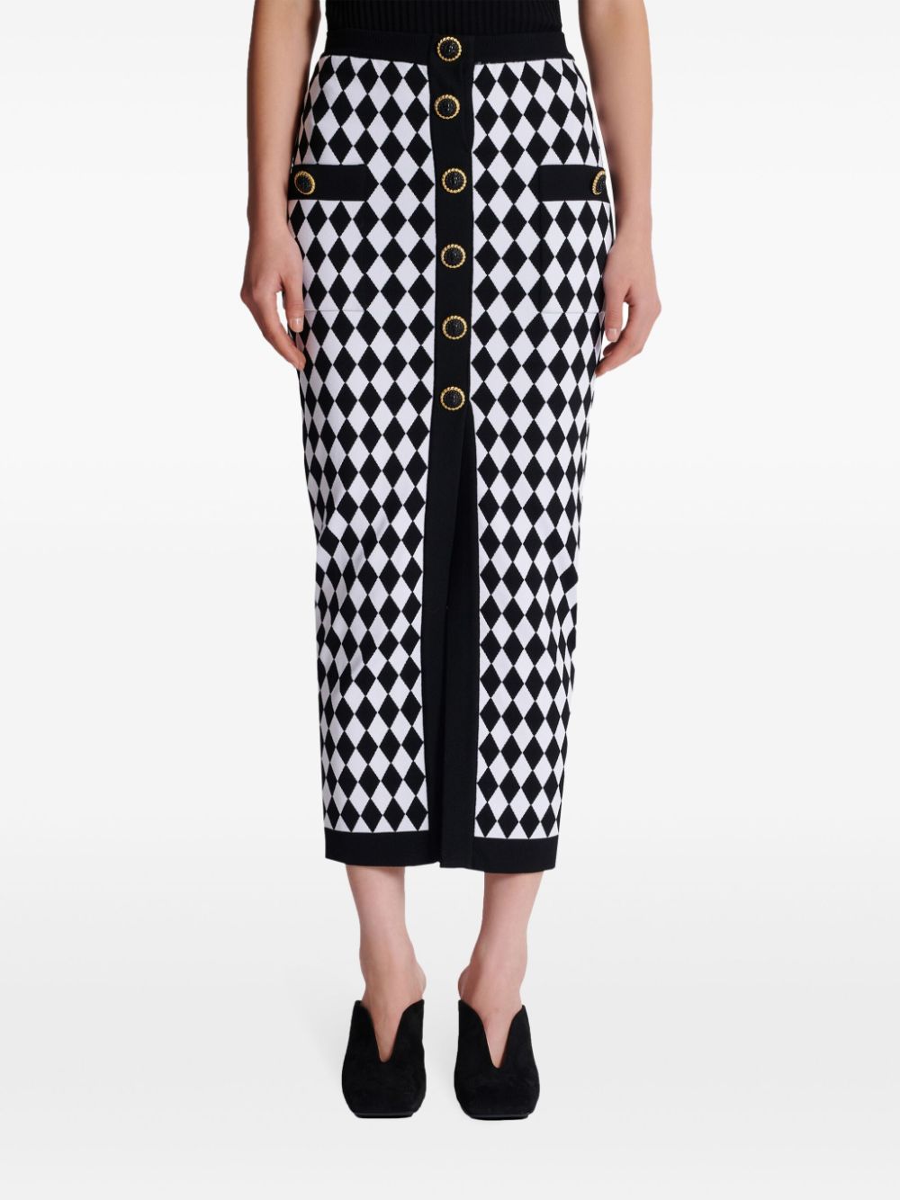 BALMAIN Chic Diamond-Pattern Buttoned Midi Skirt