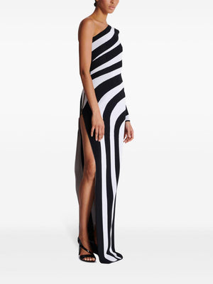 BALMAIN Elegant Striped One-Shoulder Gown