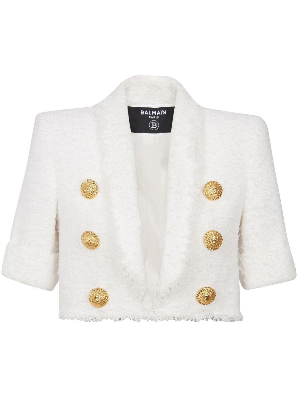 BALMAIN Elegant White Tweed Cropped Jacket with Gold-Tone Accents