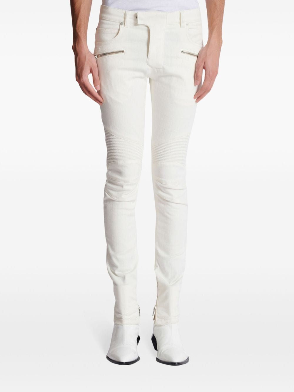 BALMAIN Men's White Biker Denim Jeans