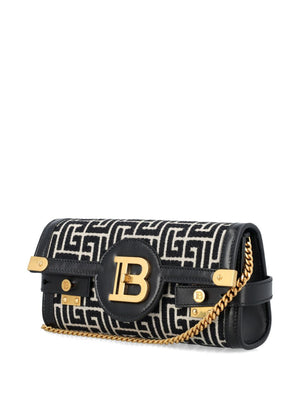 BALMAIN Elegant Monogram Mini Leather Clutch with Gold Accents