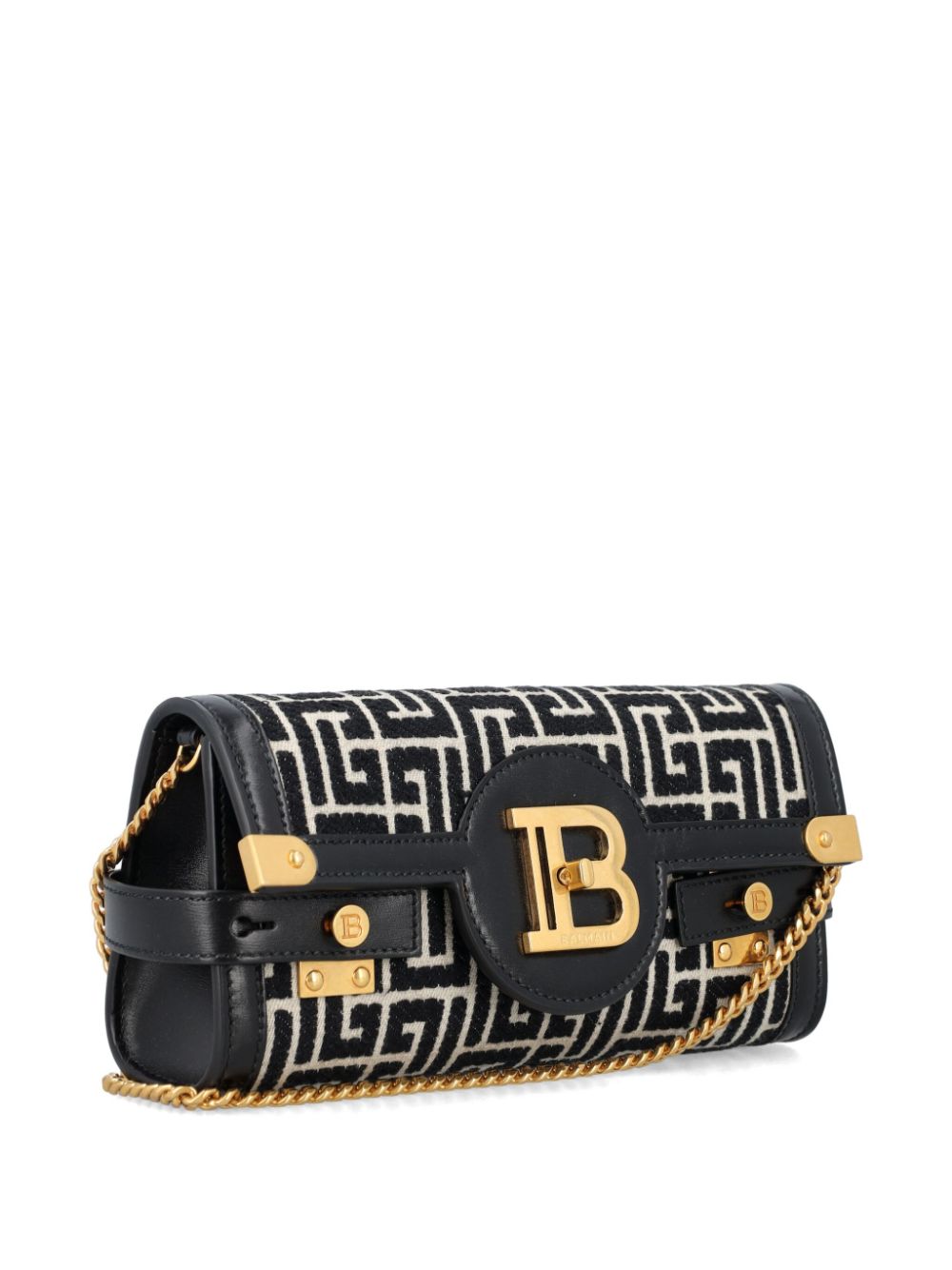 BALMAIN Elegant Monogram Mini Leather Clutch with Gold Accents