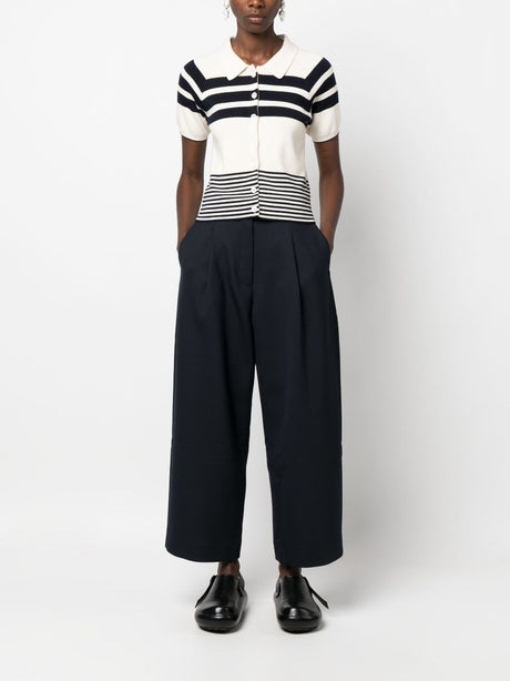 Navy Blue High-Waisted Wide-Leg Cropped Trousers for Women
