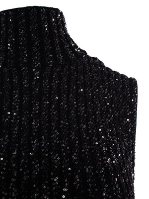 リボン付きニットドレス - 黒色、ハイネック、足首丈、デザイナーID：DS23WG09BK025R