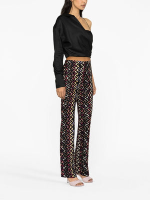 Flared Wool Blend Trousers with Zigzag Embroidery - FW23