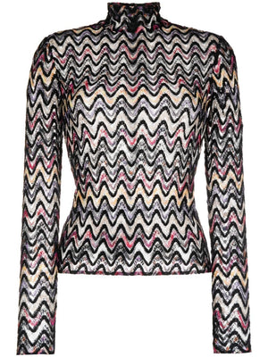 Zigzag Woven Design High-Neck Top in Black/Multicolor