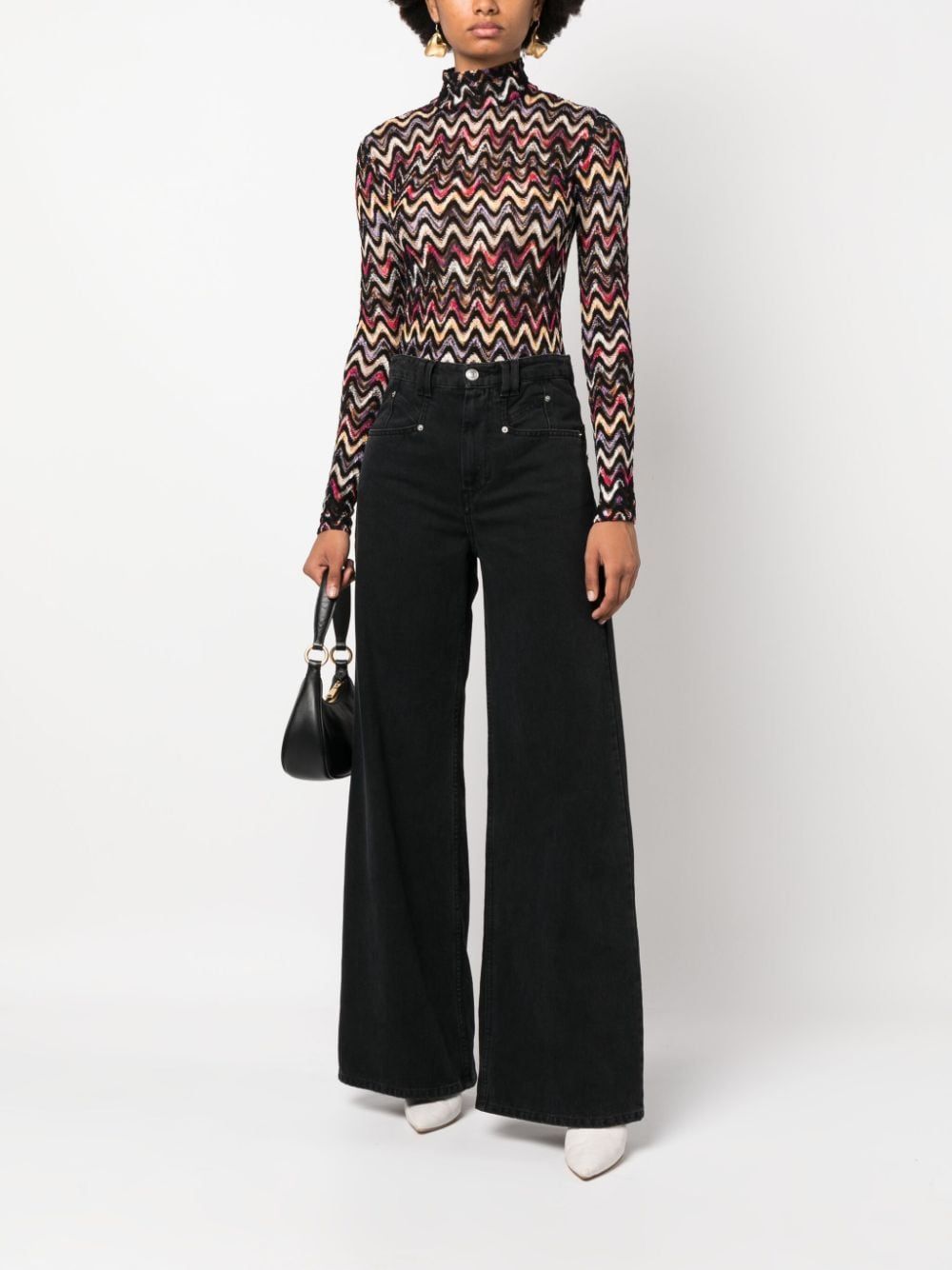 Zigzag Woven Design High-Neck Top in Black/Multicolor