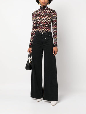 Zigzag Woven Design High-Neck Top in Black/Multicolor