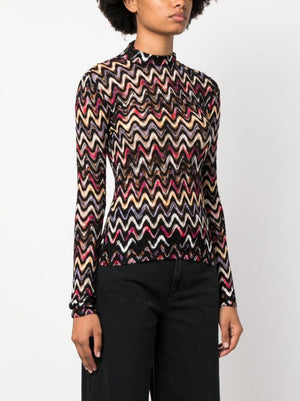 Zigzag Woven Design High-Neck Top in Black/Multicolor