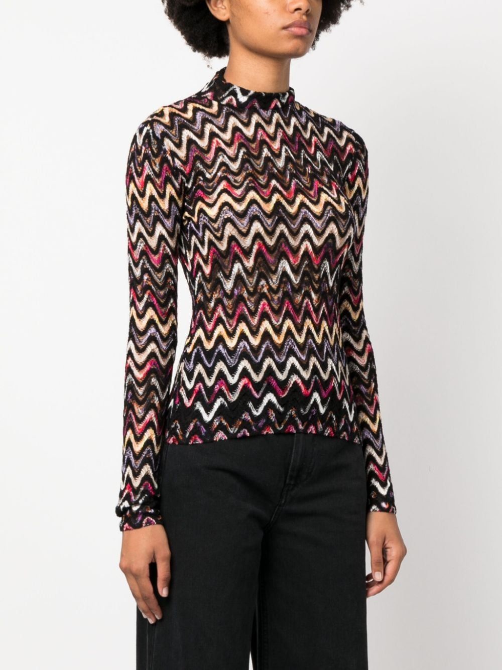 MISSONI Women's Black and Multicolour Zigzag Knit High-Neck Top for FW23